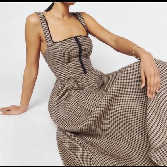 Reformation Dresses & Skirts - Checked Square-Neck Midi Dress in Brown
